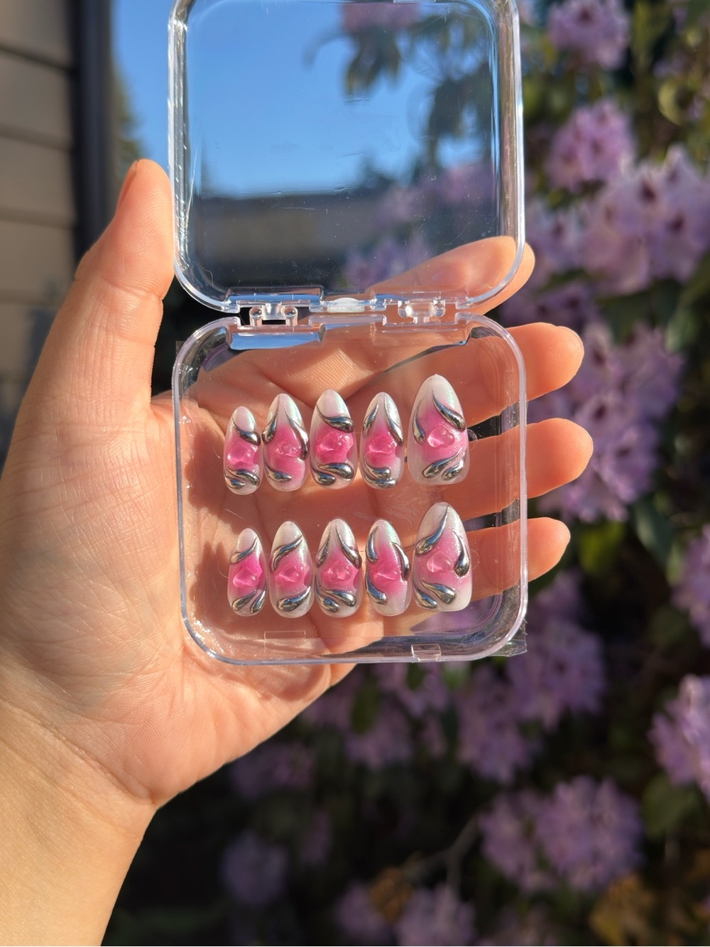 Size M Medium Pink Silver Y2K Acrylic Press-On Handmade Nails Set